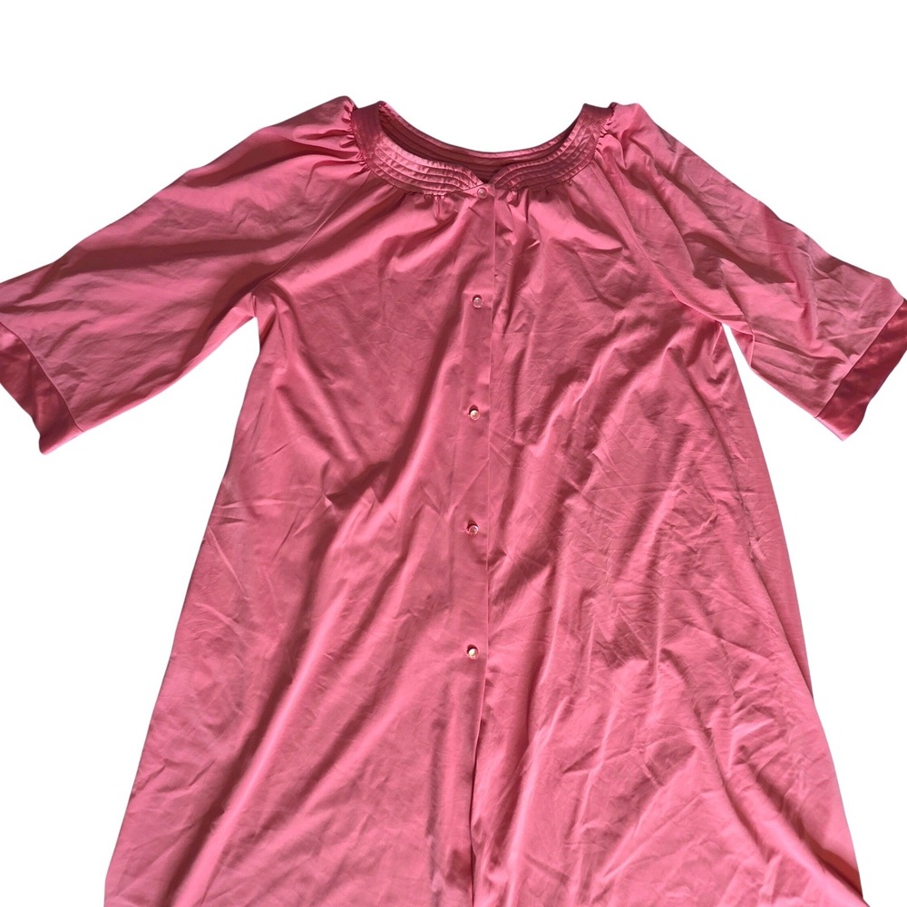 Vtg Pink Nylon Buttn Frnt Robe Nightgown Satin Trim 3/4 Slv Lounge Shadowline XL